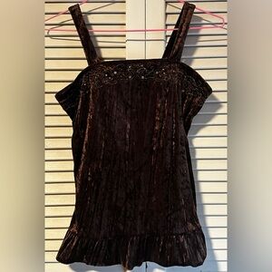 Weavers Girl Brown Velvet Strappy Tank Top Shirt with Sequin Embroidery Girls L